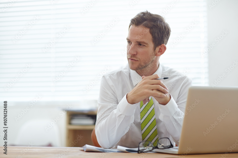 Thinking, laptop and business man in office for reflection, memory and email on company policy. Research, brainstorming and mindset with male employee in agency for solution, project and proposal Thinking, laptop and business man in office for reflection, memory and email on company policy. Research, brainstorming and mindset with male employee in agency for solution, project and proposal