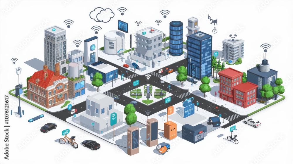 3D illustration of IoT enabled city with smart buildings and vehicles 3D illustration of IoT enabled city with smart buildings and vehicles