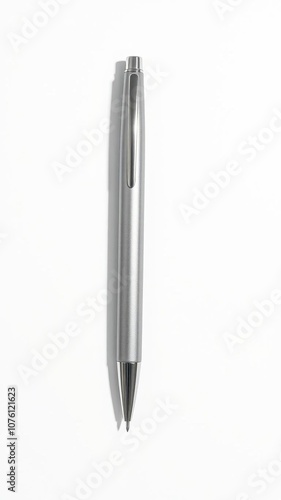 Shiny silver pen resting on a clean white background, sleek, white background