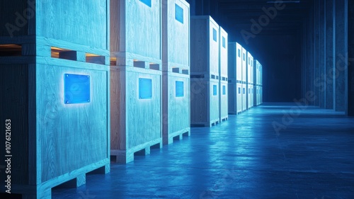 Holographic Safety Labels on Wooden Cargo Crates in a Dimly Lit Warehouse with a Focus on Secure Storage and Industry Practices