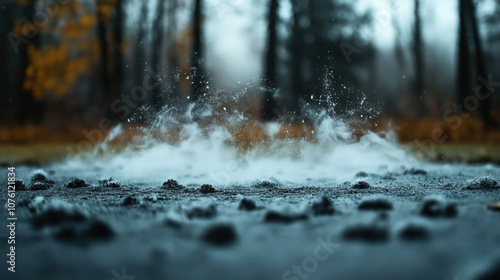 Rain droplets splashing on a muddy surface with blurred forest background and autumn foliage in soft focus, creating a dynamic and atmospheric scene.