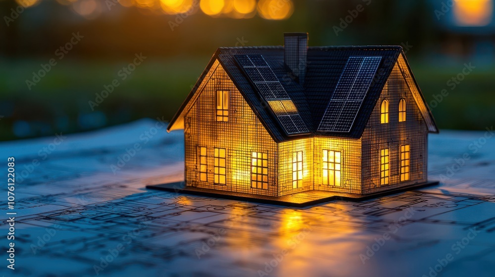 A model house with solar panels illuminated at dusk, showcasing eco-friendly architecture and design elements. A model house with solar panels illuminated at dusk, showcasing eco-friendly architecture and design elements.