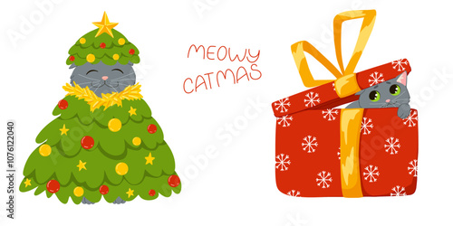 Cats Christmas set. Cute kittens celebrating New Year holidays. Vector cartoon illustrations of cute pets wearing costumes. Isolated prints for stickers and decor