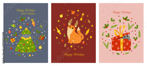 Christmas greeting cards set. Cute funny cats characters. Happy holidays, best wishes text. Vector illustration templates design for Merry Christmas and Happy New Year congratulations