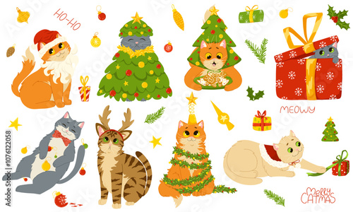 Christmas cats big set. Kittens celebrating New Year holidays. Vector doodle cartoon illustration of cute pets wearing costumes, playing with Christmas ornaments. Isolated print for stickers and decor