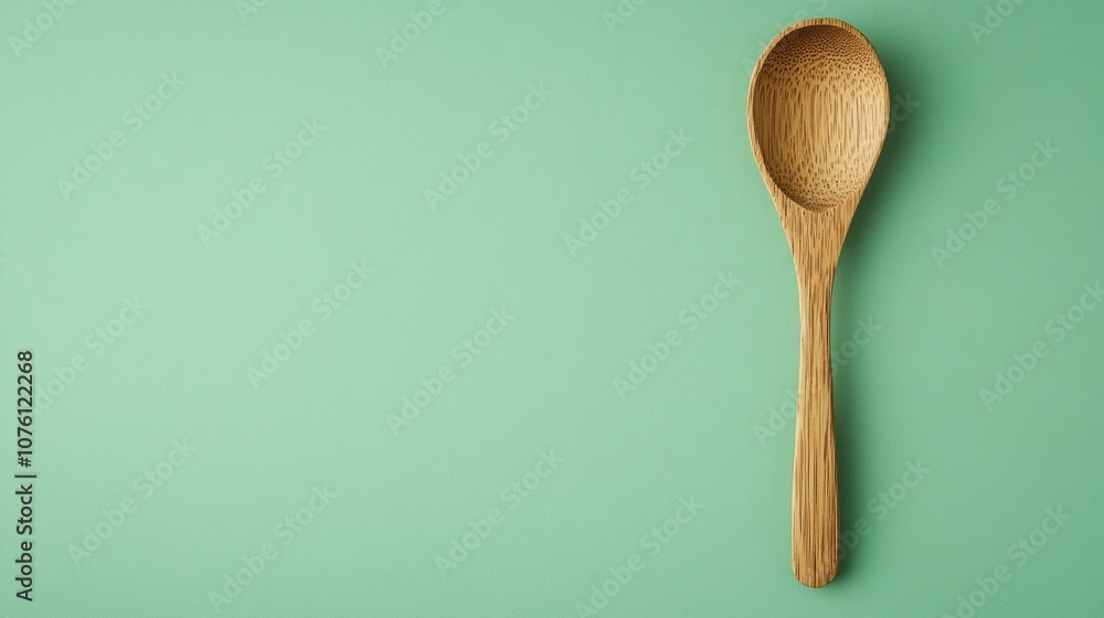 A minimalist image of a wooden spoon isolated on a solid green background. The natural wood grain contrasts with the vibrant green, highlighting the simplicity and timeless design of the spoon A minimalist image of a wooden spoon isolated on a solid green background. The natural wood grain contrasts with the vibrant green, highlighting the simplicity and timeless design of the spoon