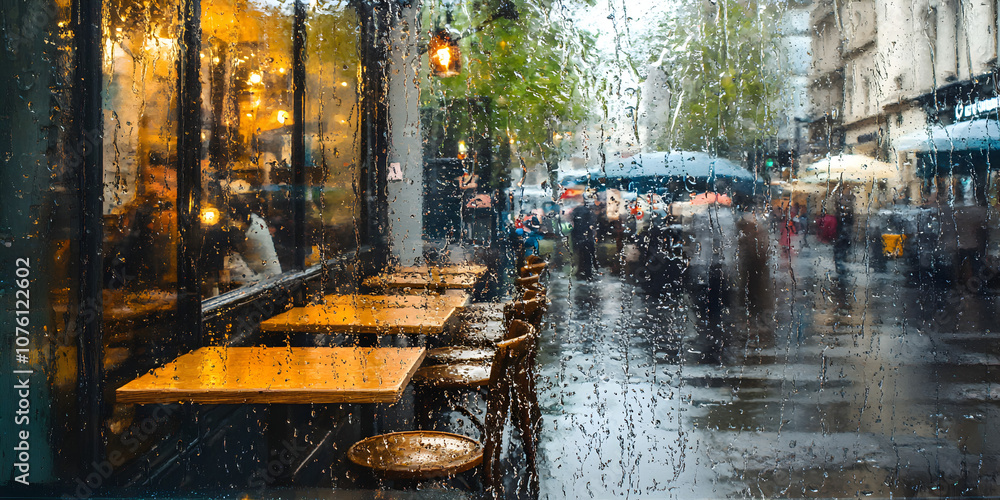 Rainy Day Cafe: A solitary figure watches the Parisian rain fall, blurring the bustling street outside. The cafe's warm interior offers a cozy refuge from the elements. Rainy Day Cafe: A solitary figure watches the Parisian rain fall, blurring the bustling street outside. The cafe's warm interior offers a cozy refuge from the elements.