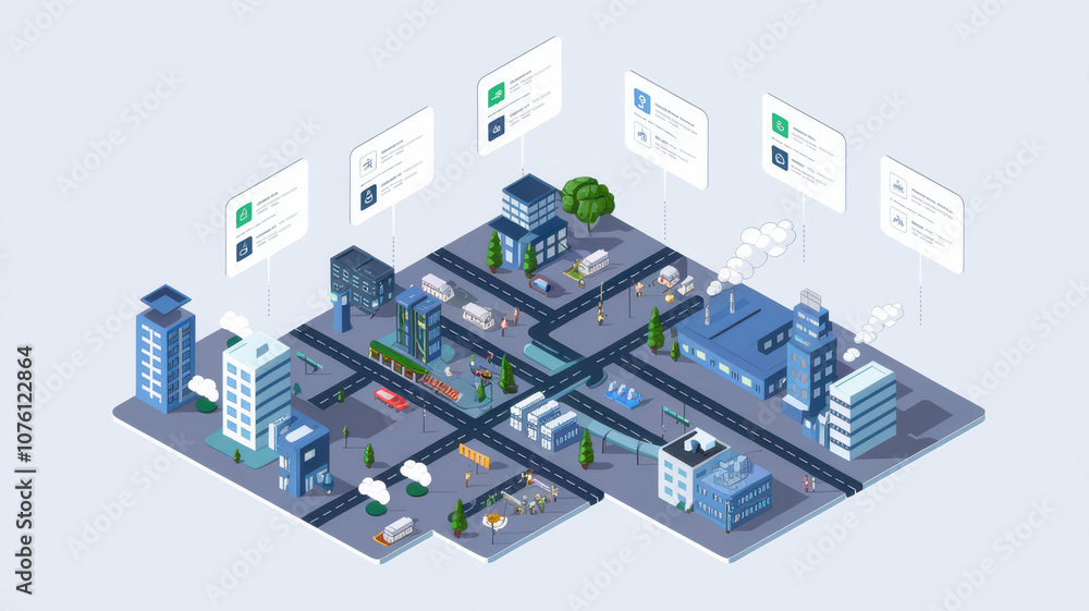 Smart city illustration with buildings, roads, and technology features Smart city illustration with buildings, roads, and technology features