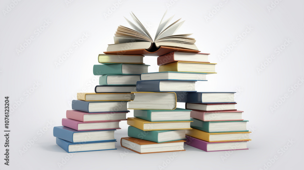 Colorful stack of books with open book on top, symbolizing knowledge and learning Colorful stack of books with open book on top, symbolizing knowledge and learning