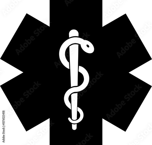 Star medicine with caduceus snake icon Emergency medical black flat vector isolated on transparent background. Pharmacy symbol health care sign for hospital ambulance