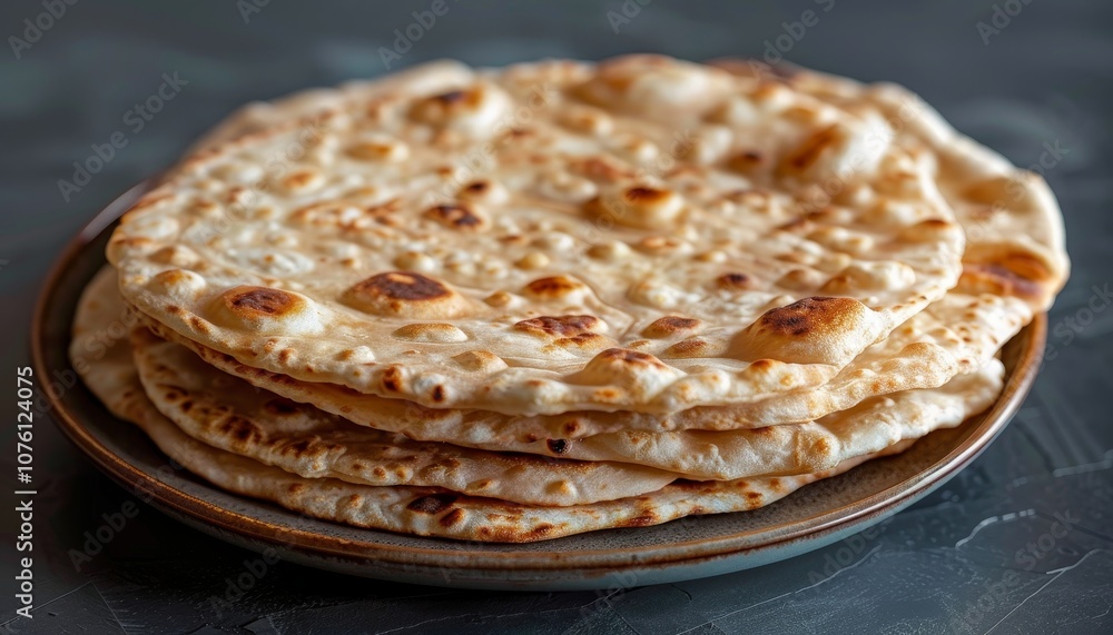 A stack of freshly baked flatbreads on a gray plate. A stack of freshly baked flatbreads on a gray plate.