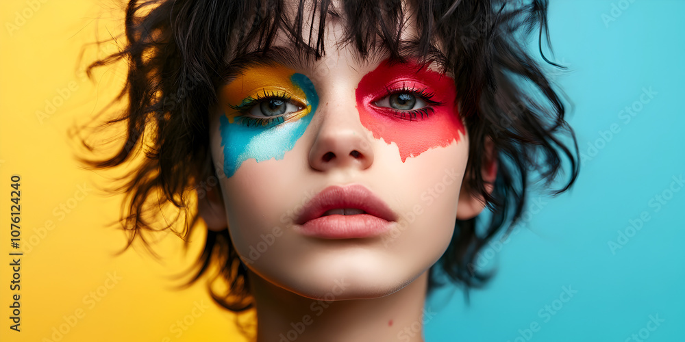 Obraz premium Bold Beauty: Abstract Makeup artistry on a model with vibrant colors and a striking pose against a bold yellow and blue background. 