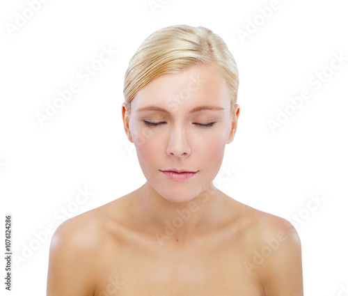 Beauty, eyes closed and glow with face of woman in studio for natural makeup, shine and self care. Cosmetics, dermatology and spa treatment with model on white background for salon and collagen