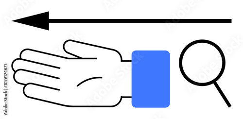 Hand open palm facing up, arrow pointing left, magnifying glass on right Ideal for navigation, direction, guidance, inspection, research, discovery and search metaphor. Line metaphor