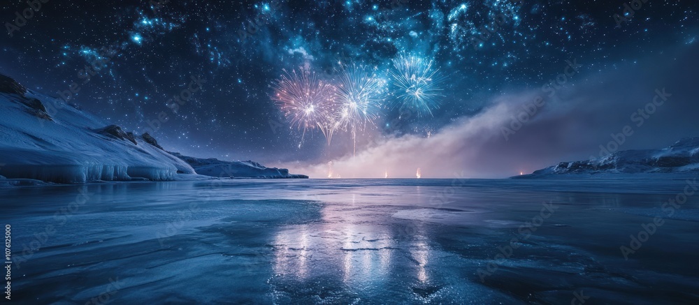 Fototapeta premium Fireworks over a frozen lake reflecting in the water under a starry night sky.