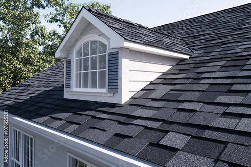 Modern House Roof with Black Shingles and Dormer Window, Architectural Detail of Black Shingled Roof and Dormer Design, Elegant Roof Design with Black Shingles and Classic Dormer. photo