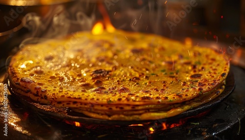 Wallpaper Mural A golden brown flatbread cooks on a hot griddle over an open fire, with steam rising from the surface. Torontodigital.ca