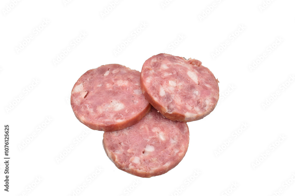 Sausage cut into circles lies on a white background. Sausage cut into circles lies on a white background.