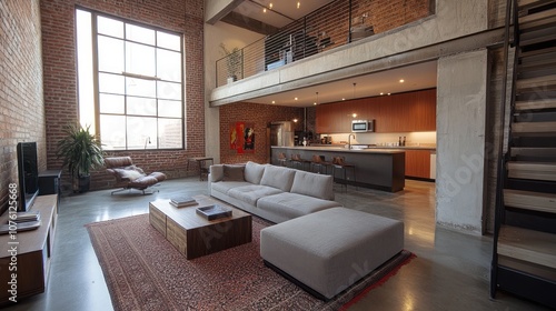 Modern Loft Living Room with Exposed Brick Walls