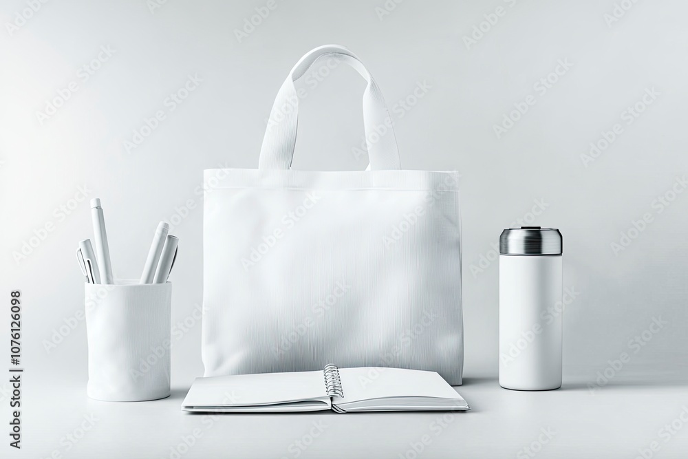 A clean and minimalist mockup of a promotional item featuring a tote bag, thermos, notebook, and pen, with all the products in white.generative ai A clean and minimalist mockup of a promotional item featuring a tote bag, thermos, notebook, and pen, with all the products in white.generative ai