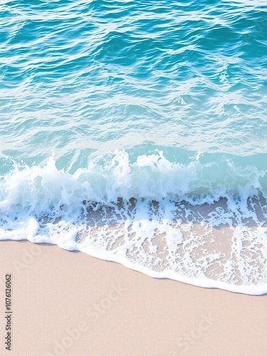 Soft blue ocean wave gently crashing on fine sandy beach, creating a soothing and peaceful scene, coastline, beach