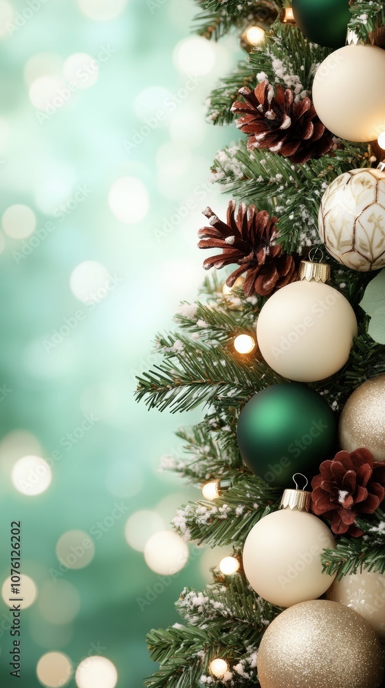 Festive Christmas tree adorned with ornaments and pinecones against a soft bokeh backdrop, AI Festive Christmas tree adorned with ornaments and pinecones against a soft bokeh backdrop, AI