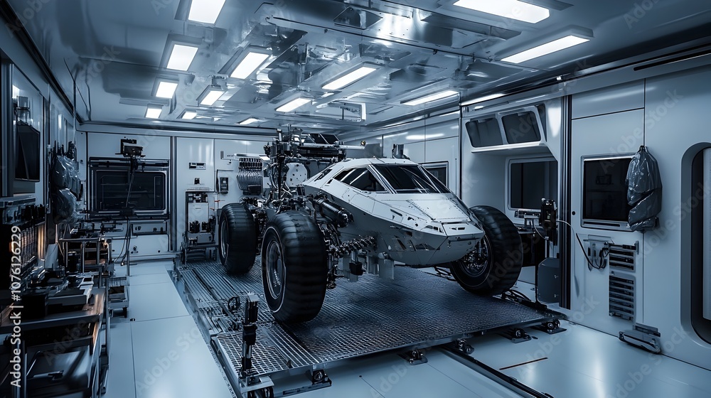Fototapeta premium Modern Automotive Repair Workshop with Futuristic Vehicle