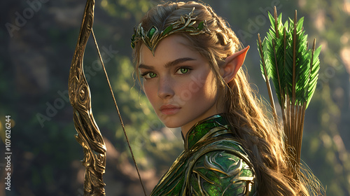 Mystical Female Elf Archer in Vibrant Fantasy Portrait Set in Enchanted Forest