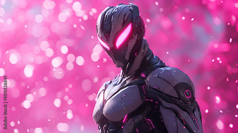 Futuristic Cyborg Character with Sleek Armor and Glowing Eyes in Neon Pink Background Digital Art Futuristic Cyborg Character with Sleek Armor and Glowing Eyes in Neon Pink Background Digital Art