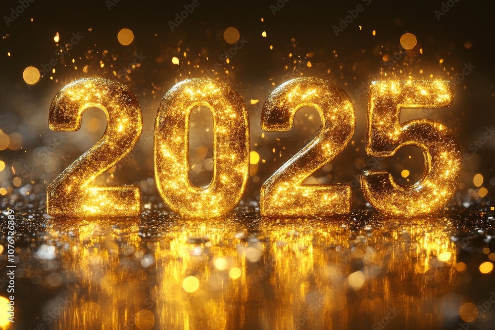 Bright gold number 2025 is surrounded by sparks. Concept of excitement and celebration Happy New year Bright gold number 2025 is surrounded by sparks. Concept of excitement and celebration Happy New year