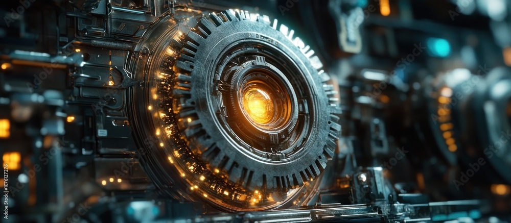 Close-up of a futuristic, circular, metallic gear with glowing lights and intricate details. Close-up of a futuristic, circular, metallic gear with glowing lights and intricate details.