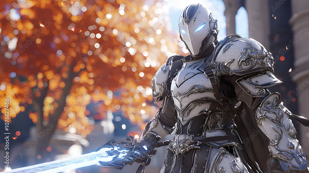 Fototapeta premium Epic Fantasy Knight in Shining Armor with Glowing Sword in Dramatic Battle Scene