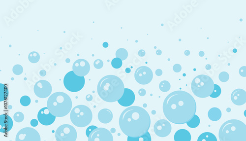 Cartoon soap bubble blue background, bath foam frame, shower water pattern, laundry transparent suds.	