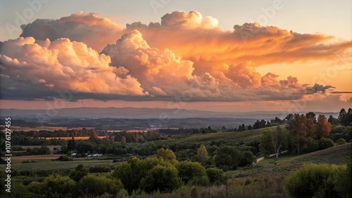 Softly glowing clouds float across the sky at sunset, casting a warm orange hue over the landscape, sunset, sky, horizon
