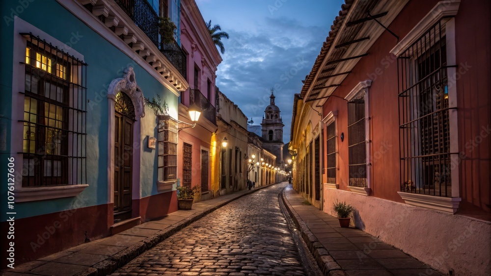 Fototapeta premium Serene Colorful Alley in Historic City at Dusk with Old-World Architecture and Soft Lighting