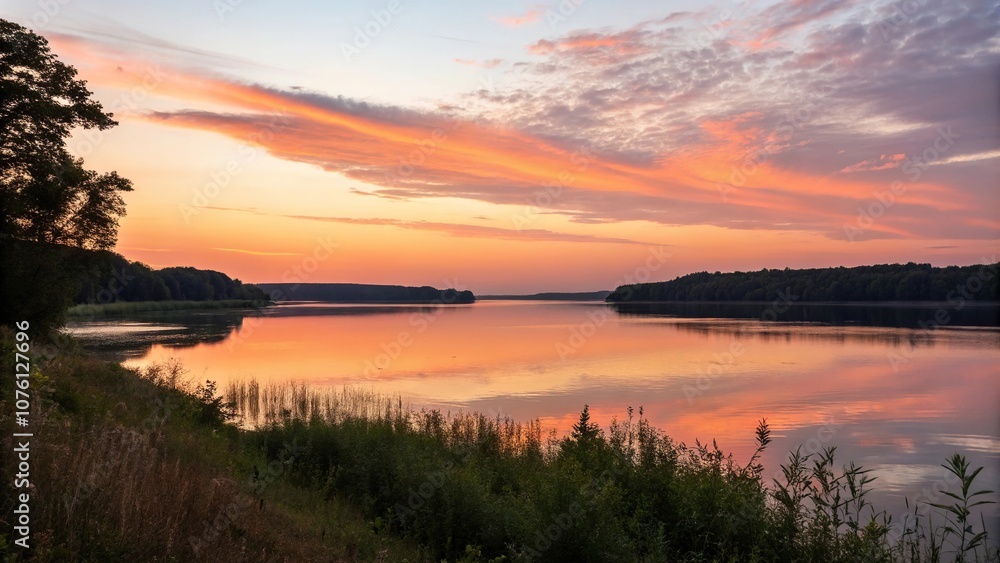 Softly glowing sunset over a serene lake, watercolor background, gentle hues Softly glowing sunset over a serene lake, watercolor background, gentle hues