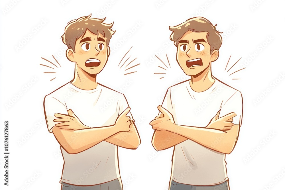 Two cartoon characters expressing different emotions through body language and gestures. Two cartoon characters expressing different emotions through body language and gestures.