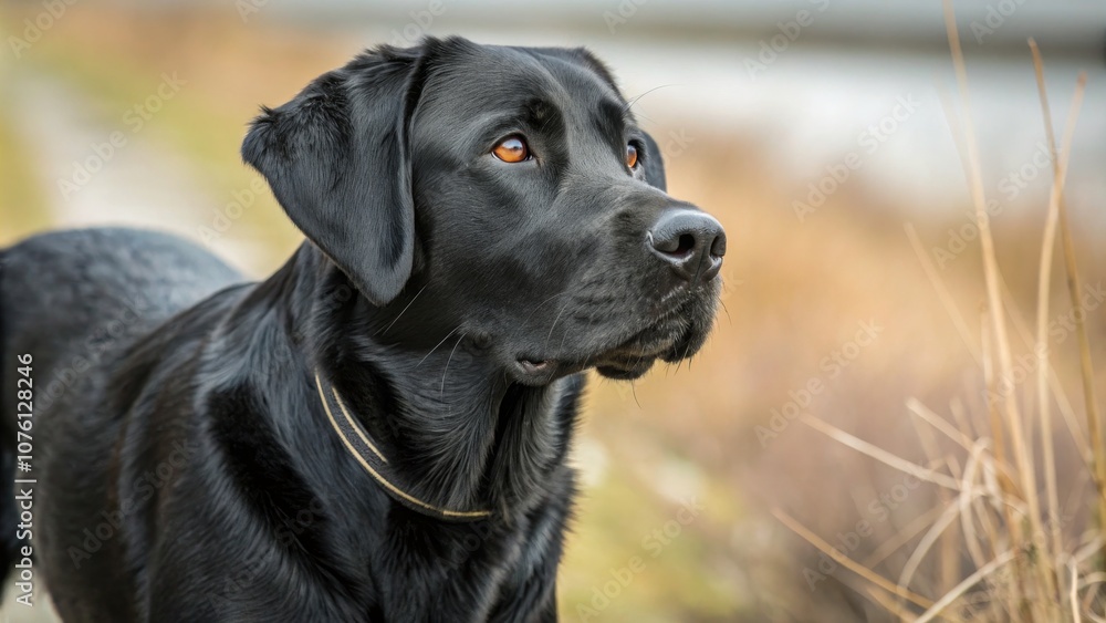 Sleek Black Labrador at Eye Level, Attentive and Playful, Blending Pencil Strokes with Digital Finishing for Lifelike Detail in High Depth of Field Sleek Black Labrador at Eye Level, Attentive and Playful, Blending Pencil Strokes with Digital Finishing for Lifelike Detail in High Depth of Field