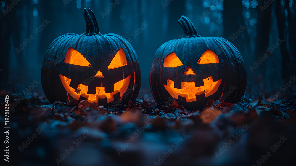 Eerie Nighttime Forest with Glowing Jack-o-Lanterns and Festive Halloween Decorations Eerie Nighttime Forest with Glowing Jack-o-Lanterns and Festive Halloween Decorations