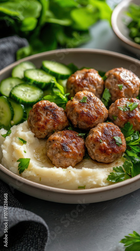  fried meatballs served with creamy mashed potatoes and a fresh green salad. AI generative.