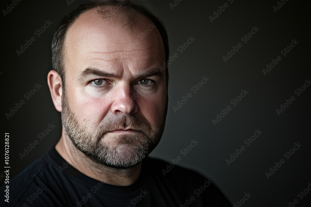 A serious-looking man with a beard poses against a dark background. A serious-looking man with a beard poses against a dark background.