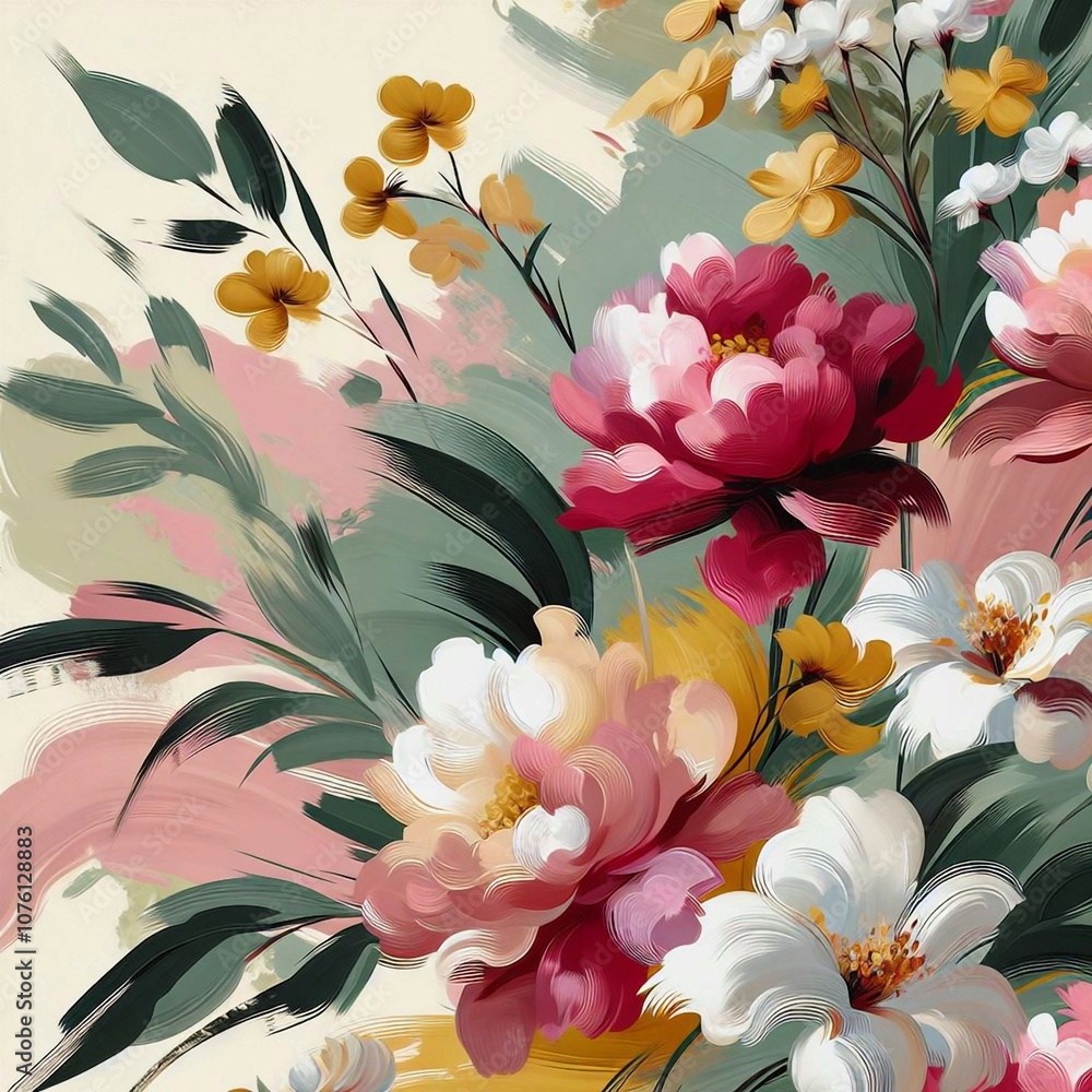 Obraz premium A bouquet of colorful flowers, painted with loose brushstrokes, creates a vibrant texture.
