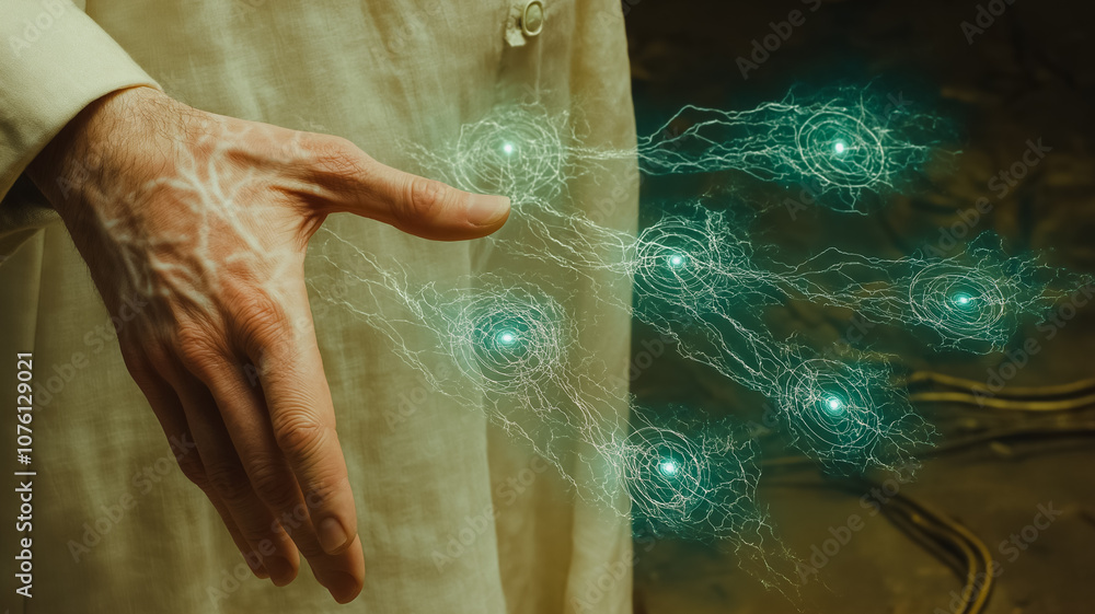 Fototapeta premium A hand is shown with a green glow surrounding it, with the fingers pointing to the sky. Concept of wonder and awe, as if the hand is reaching out to touch the stars