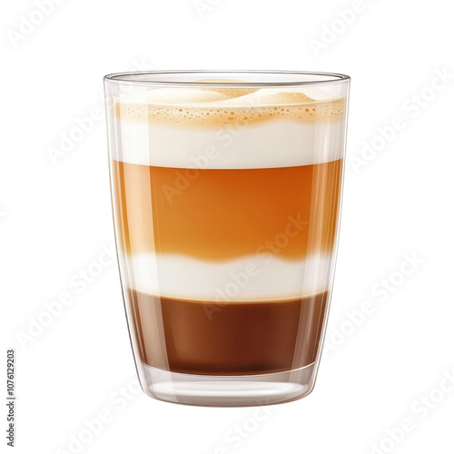 Layered coffee beverage in a glass, white isolated background.