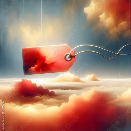 A red tag hanging from a string, floating in a cloudy sky with a warm sunset glow, a dreamy and inspirational image. photo