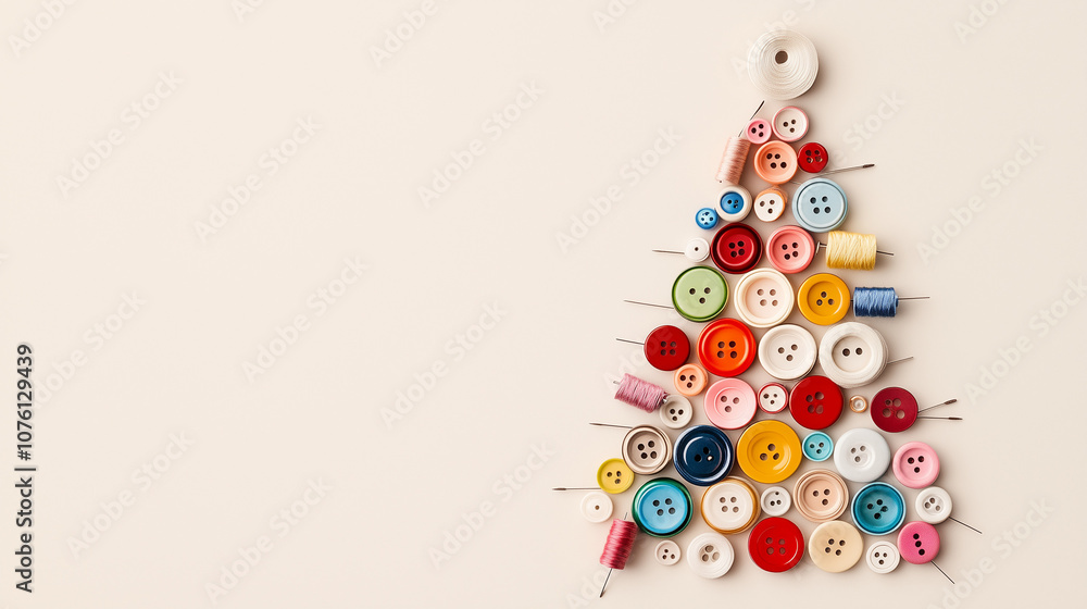 whimsical Christmas tree crafted from colorful buttons, spools of thread, and scattered needles, arranged to resemble a tree holiday crafts, DIY decor guides, social media posts, whimsical Christmas tree crafted from colorful buttons, spools of thread, and scattered needles, arranged to resemble a tree holiday crafts, DIY decor guides, social media posts,