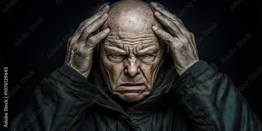 A distressed elderly man with a bald head, holding his head in anguish against a dark background. A distressed elderly man with a bald head, holding his head in anguish against a dark background.