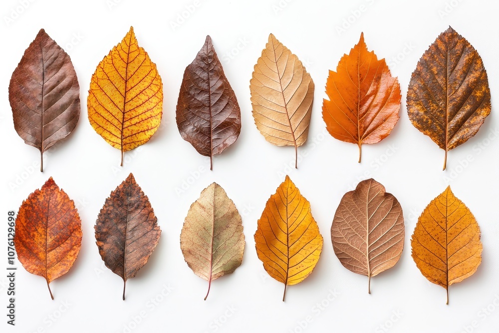 Fototapeta premium Collection of autumn leaves in warm earthy tones on white background