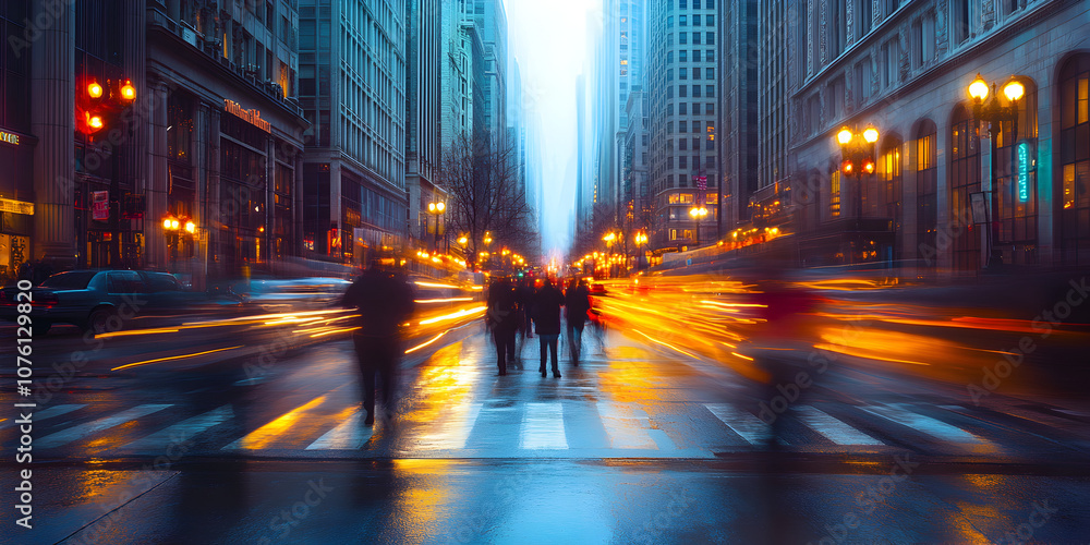 City Lights, Blurred Motion: A mesmerizing streetscape with a luminous glow emanating from the towering buildings, revealing a bustling urban scene with blurred figures traversing the crosswalk. City Lights, Blurred Motion: A mesmerizing streetscape with a luminous glow emanating from the towering buildings, revealing a bustling urban scene with blurred figures traversing the crosswalk.