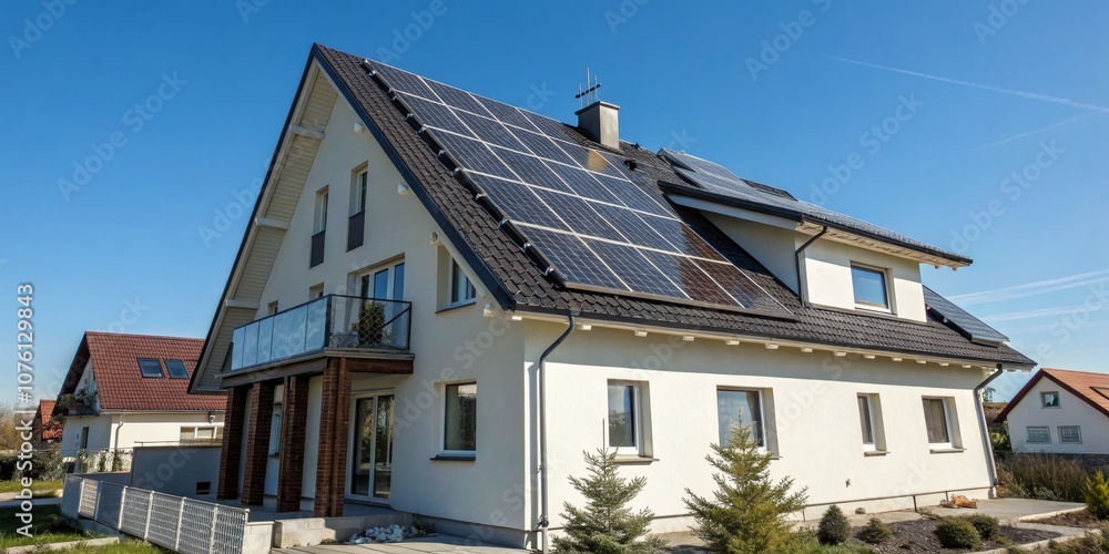 Sustainable Living with Solar Energy: High Angle View of Solar Panels on Roof, Alternative Energy Solutions for Eco-Friendly Homes Sustainable Living with Solar Energy: High Angle View of Solar Panels on Roof, Alternative Energy Solutions for Eco-Friendly Homes
